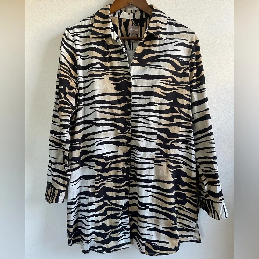 Chico's Button Down Tunic Shirt, Tiger Print, Women's Large